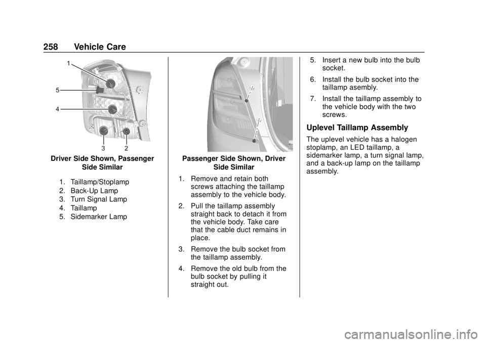 CHEVROLET TRAX 2018  Owners Manual Chevrolet TRAX Owner Manual (GMNA-Localizing-U.S./Canada/Mexico-
11354406) - 2018 - crc - 10/12/17
258 Vehicle Care
Driver Side Shown, PassengerSide Similar
1. Taillamp/Stoplamp
2. Back-Up Lamp
3. Tur