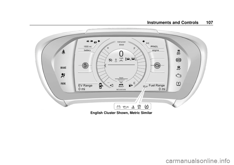 CHEVROLET VOLT 2018  Owners Manual Chevrolet VOLT Owner Manual (GMNA-Localizing-U.S./Canada/Mexico-
11349113) - 2018 - crc - 10/12/17
Instruments and Controls 107
English Cluster Shown, Metric Similar 