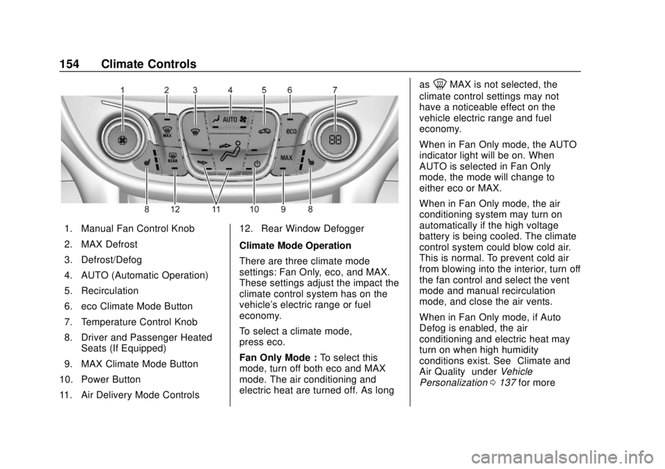 CHEVROLET VOLT 2018  Owners Manual Chevrolet VOLT Owner Manual (GMNA-Localizing-U.S./Canada/Mexico-
11349113) - 2018 - crc - 10/12/17
154 Climate Controls
1. Manual Fan Control Knob
2. MAX Defrost
3. Defrost/Defog
4. AUTO (Automatic Op