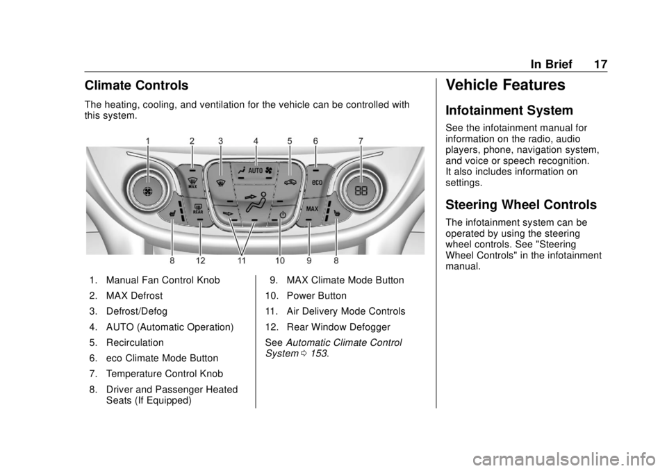 CHEVROLET VOLT 2018  Owners Manual Chevrolet VOLT Owner Manual (GMNA-Localizing-U.S./Canada/Mexico-
11349113) - 2018 - crc - 10/12/17
In Brief 17
Climate Controls
The heating, cooling, and ventilation for the vehicle can be controlled 