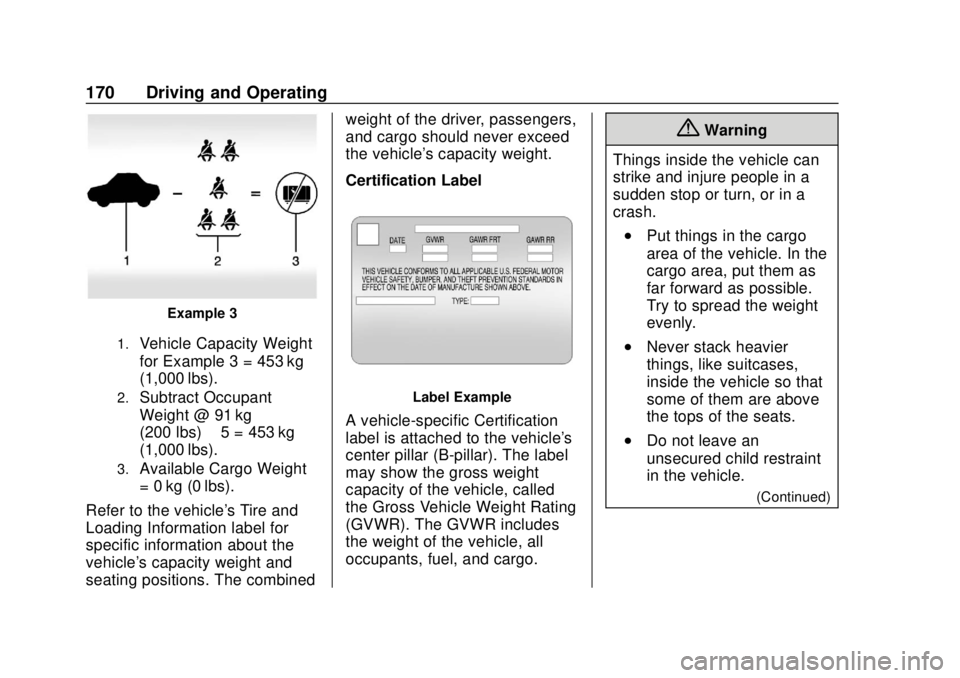 CHEVROLET VOLT 2018 Owners Guide Chevrolet VOLT Owner Manual (GMNA-Localizing-U.S./Canada/Mexico-
11349113) - 2018 - crc - 10/12/17
170 Driving and Operating
Example 3
1.Vehicle Capacity Weight
for Example 3 = 453 kg
(1,000 lbs).
2.S