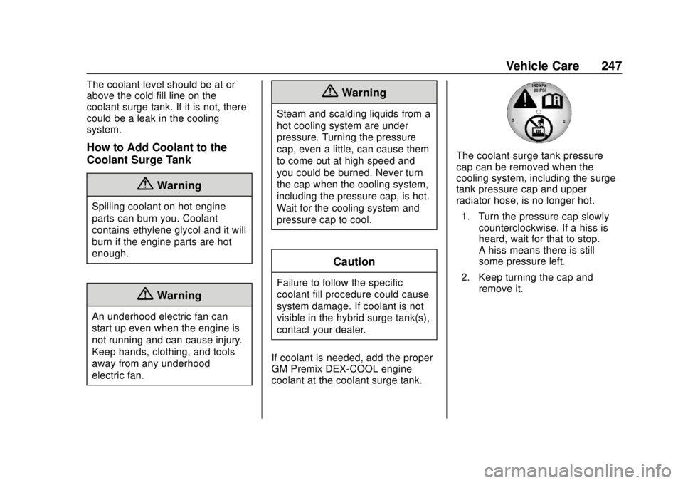 CHEVROLET VOLT 2018  Owners Manual Chevrolet VOLT Owner Manual (GMNA-Localizing-U.S./Canada/Mexico-
11349113) - 2018 - crc - 10/12/17
Vehicle Care 247
The coolant level should be at or
above the cold fill line on the
coolant surge tank