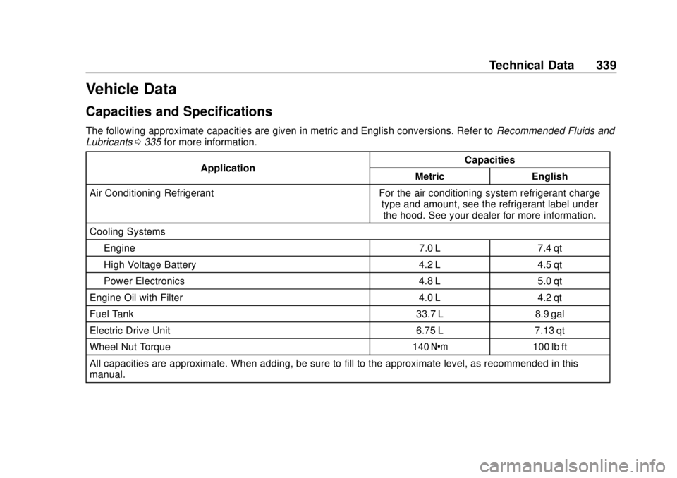 CHEVROLET VOLT 2018  Owners Manual Chevrolet VOLT Owner Manual (GMNA-Localizing-U.S./Canada/Mexico-
11349113) - 2018 - crc - 10/12/17
Technical Data 339
Vehicle Data
Capacities and Specifications
The following approximate capacities ar