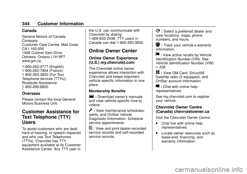 CHEVROLET VOLT 2018 User Guide Chevrolet VOLT Owner Manual (GMNA-Localizing-U.S./Canada/Mexico-
11349113) - 2018 - crc - 10/12/17
344 Customer Information
Canada
General Motors of Canada
Company
Customer Care Centre, Mail Code:
CA1