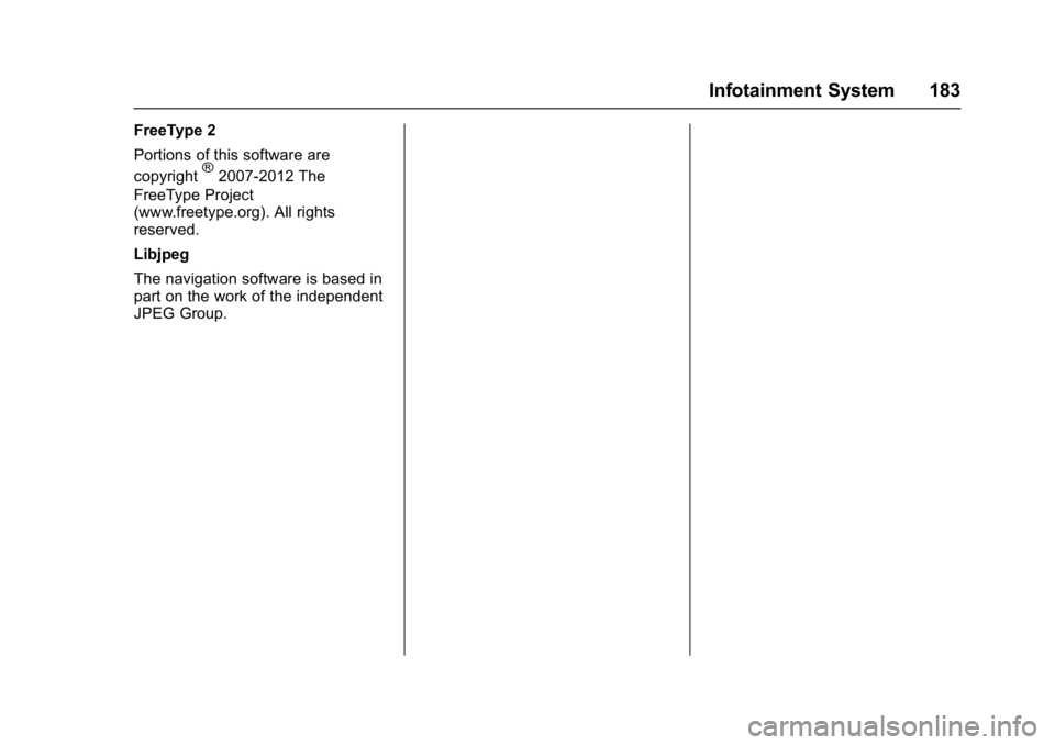 CHEVROLET BOLT EV 2017 Owners Manual Chevrolet Bolt EV Owner Manual (GMNA-Localizing-U.S./Canada/Mexico-
10122739) - 2017 - CRC - 10/3/16
Infotainment System 183
FreeType 2
Portions of this software are
copyright
®2007-2012 The
FreeType CHEVROLET BOLT EV 2017 Owners Manual Chevrolet Bolt EV Owner Manual (GMNA-Localizing-U.S./Canada/Mexico-
10122739) - 2017 - CRC - 10/3/16
Infotainment System 183
FreeType 2
Portions of this software are
copyright
®2007-2012 The
FreeType