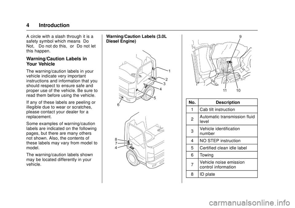 CHEVROLET LOW CAB FORWARD 2017  Owners Manual Chevrolet Low Cab Forward Owner Manual (GMNA-Localizing-U.S.-
10716700) - 2017 - crc - 12/6/16
4 Introduction
A circle with a slash through it is a
safety symbol which means“Do
Not,” “Do not do 