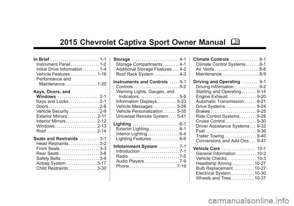 CHEVROLET CAPTIVA SPORT 2015 Owners Manual Black plate (1,1)Chevrolet Captiva Sport Owner Manual (GMNA-Localizing-U.S./Mexico-
7576028) - 2015 - First Edition - 3/21/14
2015 Chevrolet Captiva Sport Owner ManualM
In Brief. . . . . . . . . . . . CHEVROLET CAPTIVA SPORT 2015 Owners Manual Black plate (1,1)Chevrolet Captiva Sport Owner Manual (GMNA-Localizing-U.S./Mexico-
7576028) - 2015 - First Edition - 3/21/14
2015 Chevrolet Captiva Sport Owner ManualM
In Brief. . . . . . . . . . . .