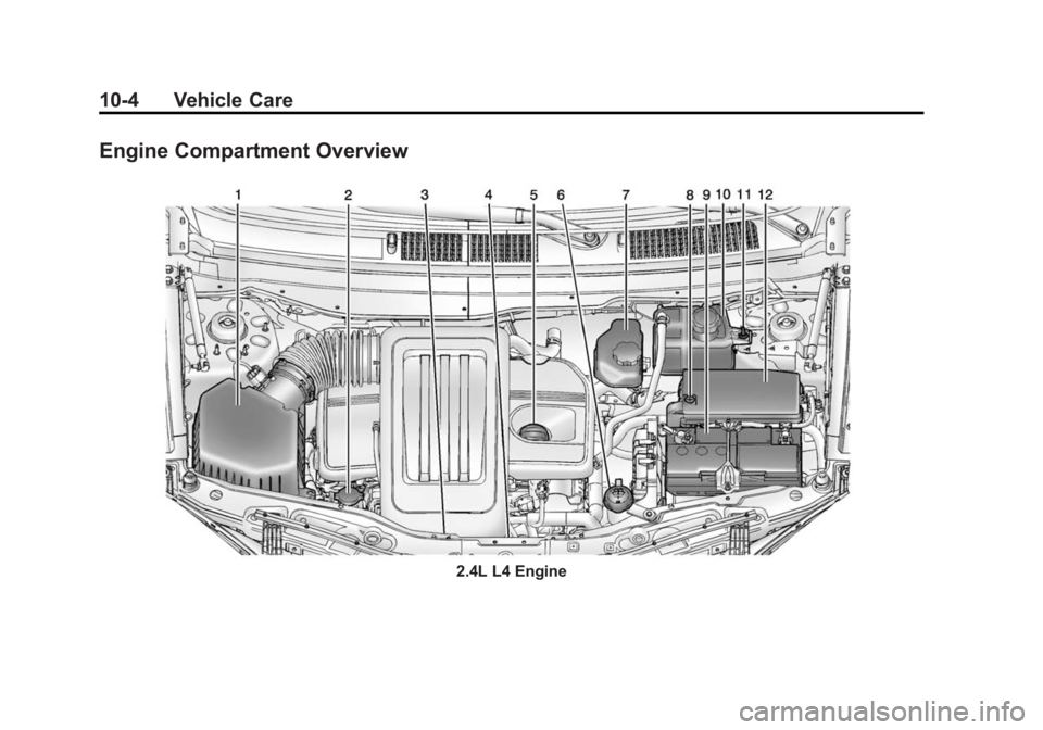 CHEVROLET CAPTIVA SPORT 2015 Owners Manual Black plate (4,1)Chevrolet Captiva Sport Owner Manual (GMNA-Localizing-U.S./Mexico-
7576028) - 2015 - First Edition - 3/21/14
10-4 Vehicle Care
Engine Compartment Overview
2.4L L4 Engine CHEVROLET CAPTIVA SPORT 2015 Owners Manual Black plate (4,1)Chevrolet Captiva Sport Owner Manual (GMNA-Localizing-U.S./Mexico-
7576028) - 2015 - First Edition - 3/21/14
10-4 Vehicle Care
Engine Compartment Overview
2.4L L4 Engine