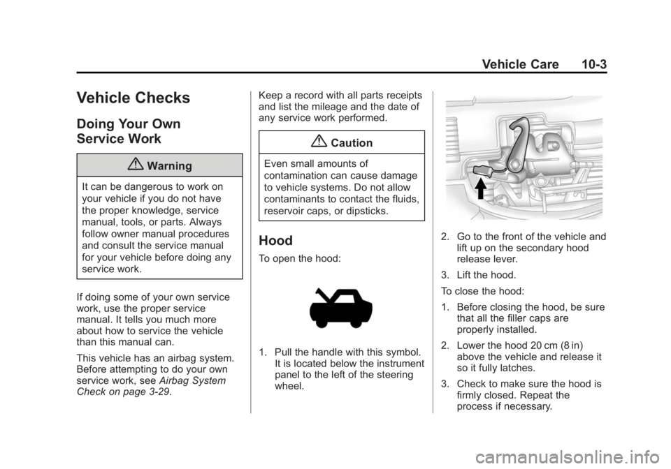 CHEVROLET CAPTIVA SPORT 2014 Owners Manual Black plate (3,1)Chevrolet Captiva Sport Owner Manual (GMNA-Localizing-U.S./Mexico-
6014141) - 2014 - crc - 8/13/13
Vehicle Care 10-3
Vehicle Checks
Doing Your Own
Service Work
{Warning
It can be dang CHEVROLET CAPTIVA SPORT 2014 Owners Manual Black plate (3,1)Chevrolet Captiva Sport Owner Manual (GMNA-Localizing-U.S./Mexico-
6014141) - 2014 - crc - 8/13/13
Vehicle Care 10-3
Vehicle Checks
Doing Your Own
Service Work
{Warning
It can be dang