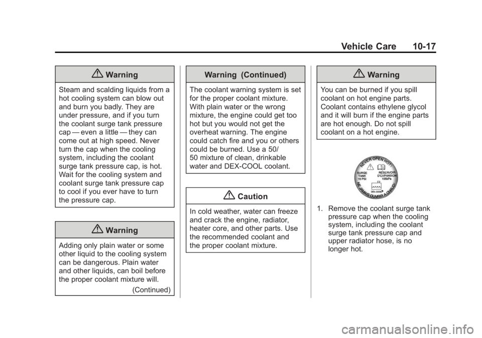CHEVROLET CAPTIVA SPORT 2014 User Guide Black plate (17,1)Chevrolet Captiva Sport Owner Manual (GMNA-Localizing-U.S./Mexico-
6014141) - 2014 - crc - 8/13/13
Vehicle Care 10-17
{Warning
Steam and scalding liquids from a
hot cooling system ca