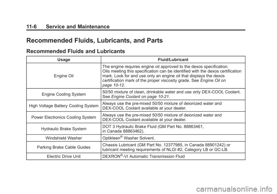 CHEVROLET VOLT 2011 Owners Manual Black plate (6,1)Chevrolet Volt Owner Manual - 2011
11-6 Service and Maintenance
Recommended Fluids, Lubricants, and Parts
Recommended Fluids and Lubricants
UsageFluid/Lubricant
Engine Oil The engine CHEVROLET VOLT 2011 Owners Manual Black plate (6,1)Chevrolet Volt Owner Manual - 2011
11-6 Service and Maintenance
Recommended Fluids, Lubricants, and Parts
Recommended Fluids and Lubricants
UsageFluid/Lubricant
Engine Oil The engine
