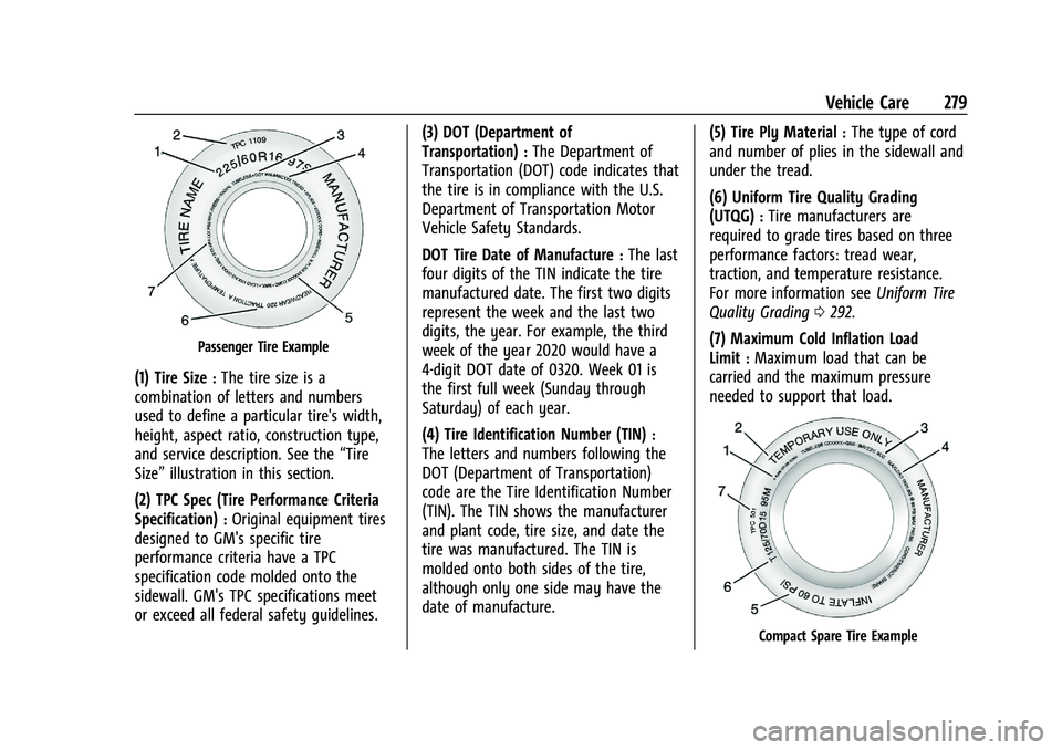 CHEVROLET BLAZER 2023 Owners Manual Chevrolet Blazer Owner Manual (GMNA-Localizing-U.S./Canada/Mexico-
16401961) - 2023 - CRC - 5/17/22
Vehicle Care 279
Passenger Tire Example
(1) Tire Size:The tire size is a
combination of letters and CHEVROLET BLAZER 2023 Owners Manual Chevrolet Blazer Owner Manual (GMNA-Localizing-U.S./Canada/Mexico-
16401961) - 2023 - CRC - 5/17/22
Vehicle Care 279
Passenger Tire Example
(1) Tire Size:The tire size is a
combination of letters and