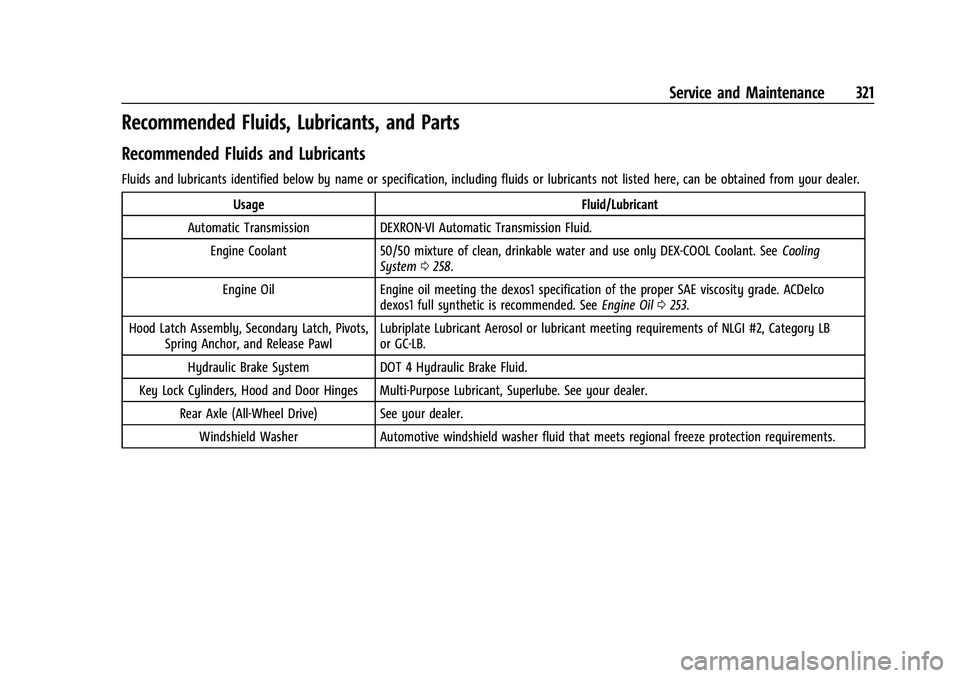 CHEVROLET BLAZER 2023  Owners Manual Chevrolet Blazer Owner Manual (GMNA-Localizing-U.S./Canada/Mexico-
16401961) - 2023 - CRC - 5/17/22
Service and Maintenance 321
Recommended Fluids, Lubricants, and Parts
Recommended Fluids and Lubrica