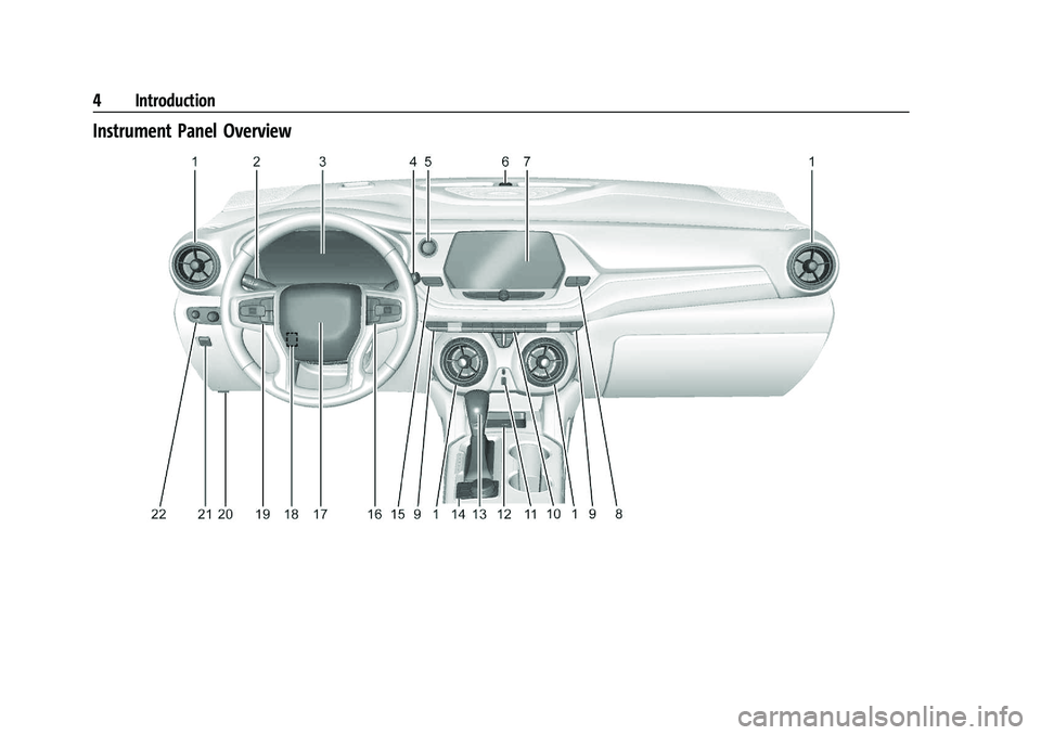 CHEVROLET BLAZER 2023 Owners Manual Chevrolet Blazer Owner Manual (GMNA-Localizing-U.S./Canada/Mexico-
16401961) - 2023 - CRC - 5/17/22
4 Introduction
Instrument Panel Overview CHEVROLET BLAZER 2023 Owners Manual Chevrolet Blazer Owner Manual (GMNA-Localizing-U.S./Canada/Mexico-
16401961) - 2023 - CRC - 5/17/22
4 Introduction
Instrument Panel Overview