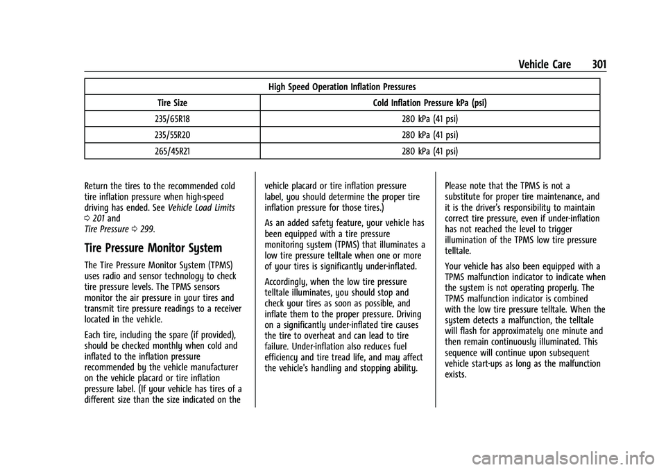 CHEVROLET BLAZER 2022 Owners Manual Chevrolet Blazer Owner Manual (GMNA-Localizing-U.S./Canada/Mexico-
15165663) - 2022 - CRC - 4/27/21
Vehicle Care 301
High Speed Operation Inflation Pressures
Tire Size Cold Inflation Pressure kPa (psi CHEVROLET BLAZER 2022 Owners Manual Chevrolet Blazer Owner Manual (GMNA-Localizing-U.S./Canada/Mexico-
15165663) - 2022 - CRC - 4/27/21
Vehicle Care 301
High Speed Operation Inflation Pressures
Tire Size Cold Inflation Pressure kPa (psi