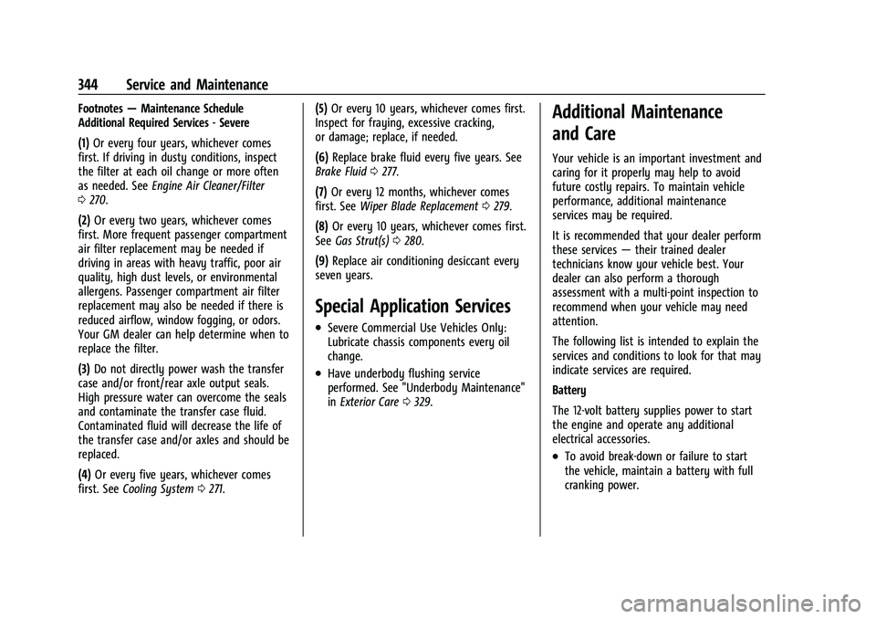 CHEVROLET BLAZER 2022 Owners Manual Chevrolet Blazer Owner Manual (GMNA-Localizing-U.S./Canada/Mexico-
15165663) - 2022 - CRC - 4/27/21
344 Service and Maintenance
Footnotes—Maintenance Schedule
Additional Required Services - Severe
( CHEVROLET BLAZER 2022 Owners Manual Chevrolet Blazer Owner Manual (GMNA-Localizing-U.S./Canada/Mexico-
15165663) - 2022 - CRC - 4/27/21
344 Service and Maintenance
Footnotes—Maintenance Schedule
Additional Required Services - Severe
(