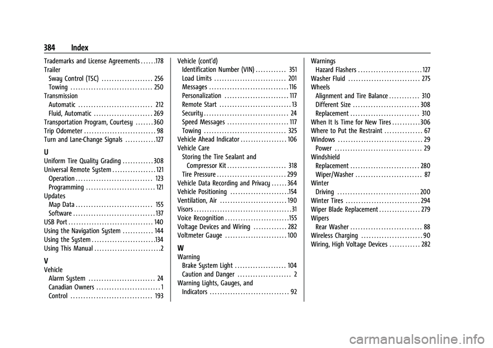 CHEVROLET BLAZER 2022 Owners Manual Chevrolet Blazer Owner Manual (GMNA-Localizing-U.S./Canada/Mexico-
15165663) - 2022 - CRC - 4/27/21
384 Index
Trademarks and License Agreements . . . . . .178
TrailerSway Control (TSC) . . . . . . . . CHEVROLET BLAZER 2022 Owners Manual Chevrolet Blazer Owner Manual (GMNA-Localizing-U.S./Canada/Mexico-
15165663) - 2022 - CRC - 4/27/21
384 Index
Trademarks and License Agreements . . . . . .178
TrailerSway Control (TSC) . . . . . . . .
