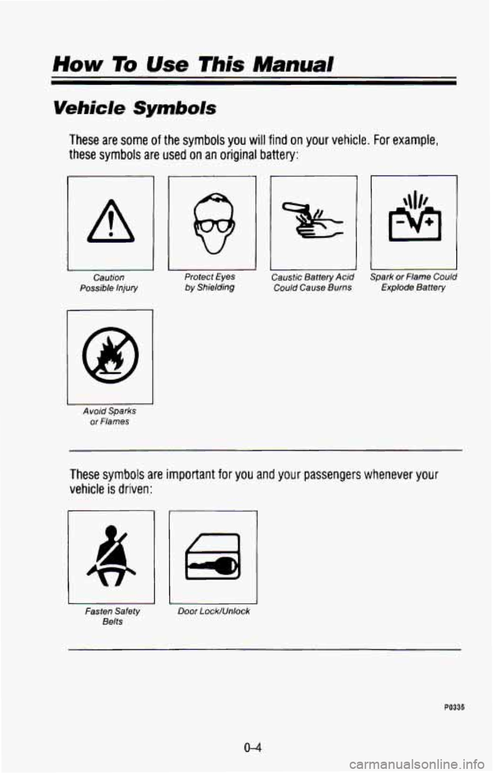 CHEVROLET BLAZER 1993 User Guide Vehicle Symbols
These are some of the symbols you will find on your vehicle. For example.
these symbols are used
on an original battery:
I 11
Caution Protect Eyes
Possible
Injury by S CHEVROLET BLAZER 1993 User Guide Vehicle Symbols
These are some of the symbols you will find on your vehicle. For example.
these symbols are used
on an original battery:
I 11
Caution Protect Eyes
Possible
Injury by S