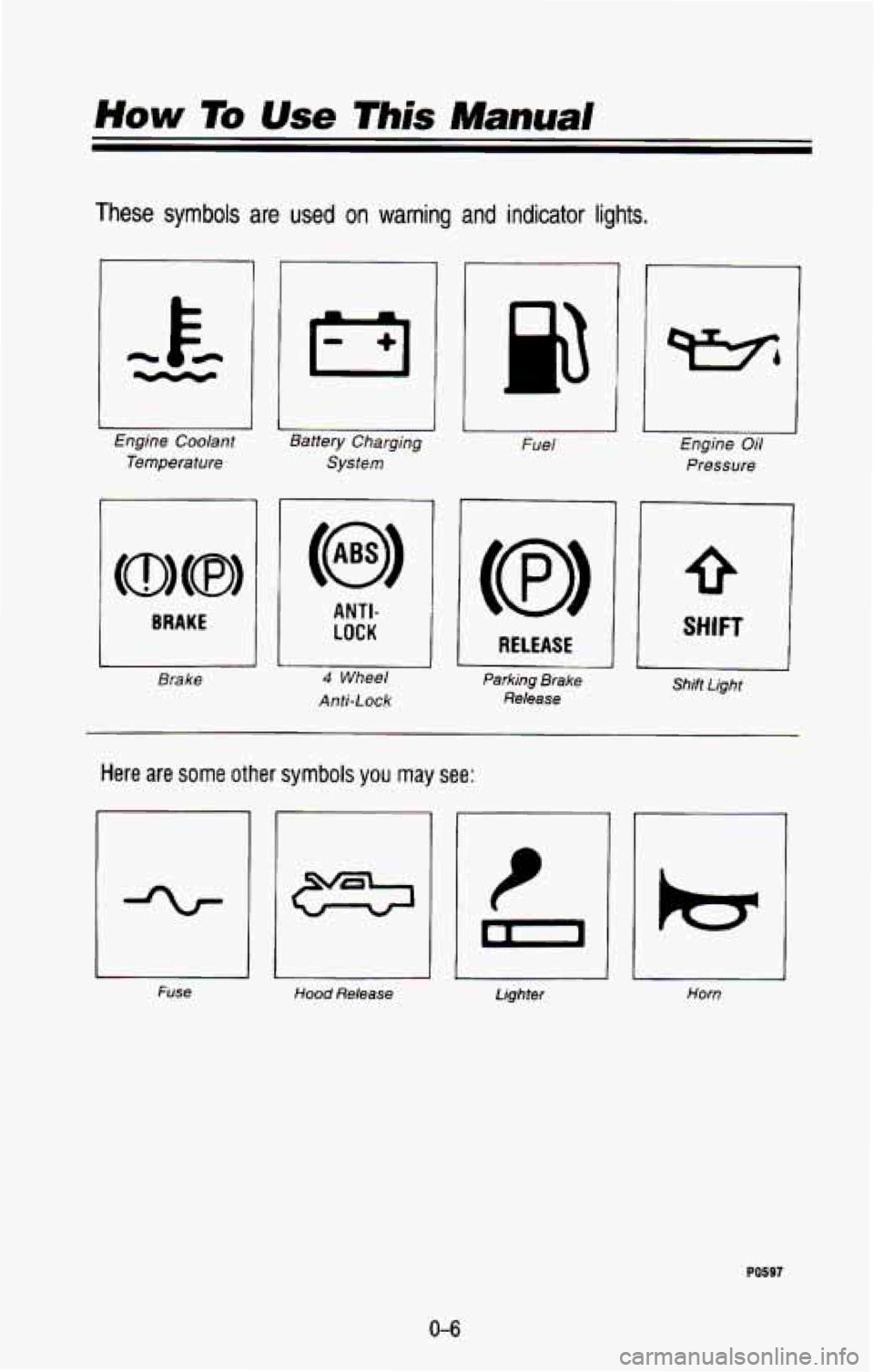 CHEVROLET BLAZER 1993 User Guide These symbols are used on warning and indicator lights.
Engine Coolant Temperature
BRAKE
Brake
I-,
Battery Charging
System Fuel
ANTI-
LOCK 1
1 4 Wheel
Anti-Lock
RELEASE
Parking Brake
CHEVROLET BLAZER 1993 User Guide These symbols are used on warning and indicator lights.
Engine Coolant Temperature
BRAKE
Brake
I-,
Battery Charging
System Fuel
ANTI-
LOCK 1
1 4 Wheel
Anti-Lock
RELEASE
Parking Brake