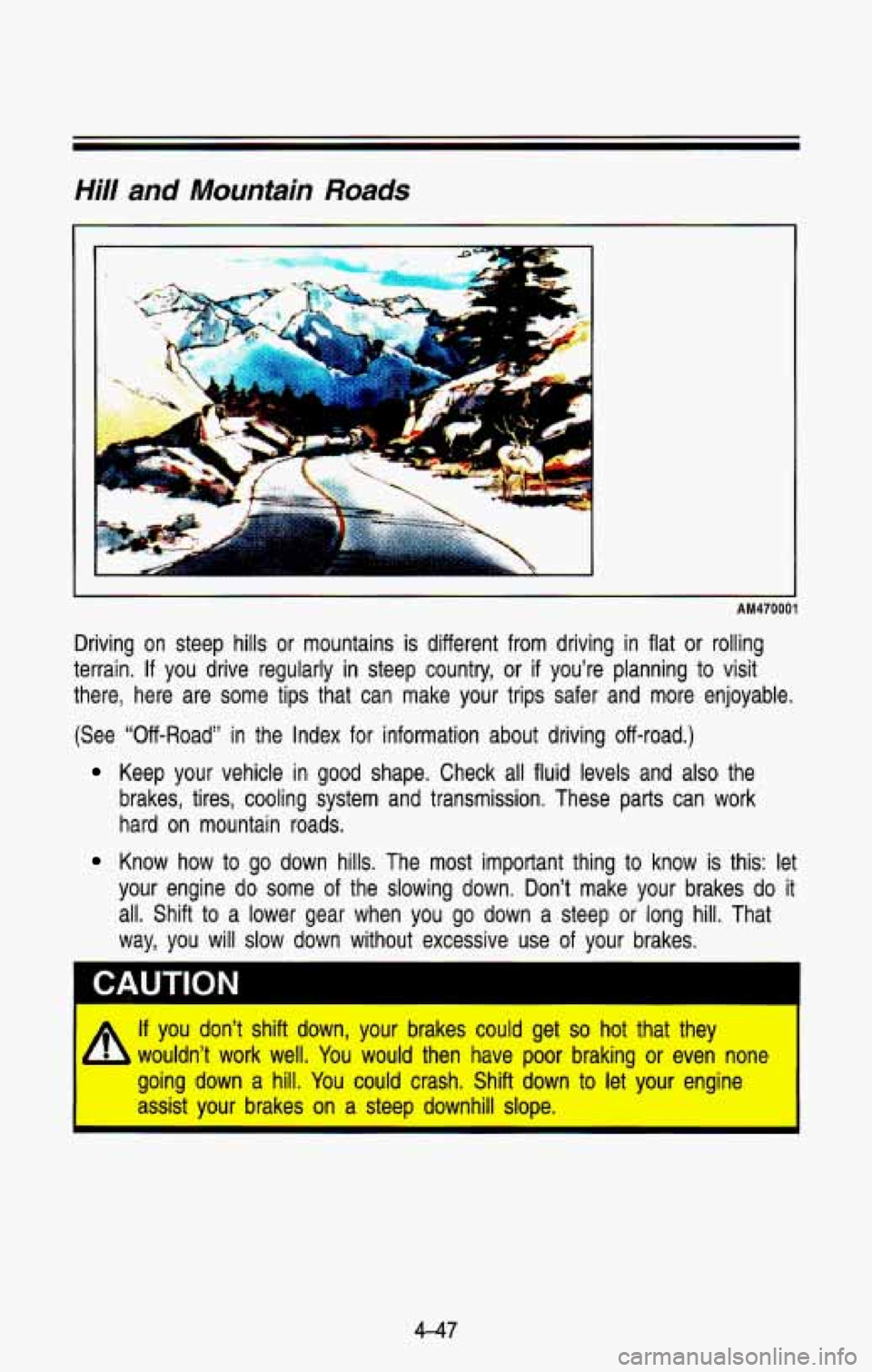 CHEVROLET BLAZER 1993  Owners Manual Hill and Mountain Roads 
:.-. . , , . .;.  .  . . . . - ,. .. 
AM470001 
Driving  on steep  hills  or mountains  is different  from  driving  in  flat or  rolling 
terrain. 
If you  drive  regularly i