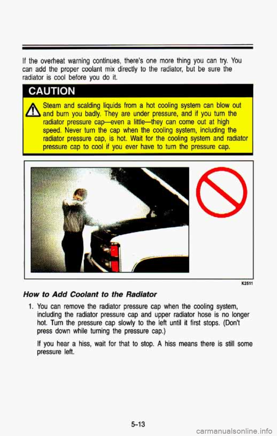 CHEVROLET BLAZER 1993 Owners Manual If the overheat warning continues, theres one more thing you can try. You
can add the proper coolant mix directly to the radiator, but be sure the
radiator is cool before you
do it. CHEVROLET BLAZER 1993 Owners Manual If the overheat warning continues, theres one more thing you can try. You
can add the proper coolant mix directly to the radiator, but be sure the
radiator is cool before you
do it.