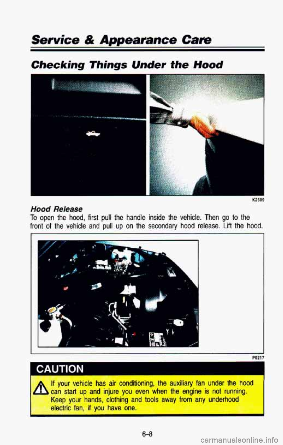 CHEVROLET BLAZER 1993 Owners Manual Service & Appearance Care
Checking Things Under the Hood
a&
.. .. .
~
Hood Release
To open the hood, first pull the handle inside the vehicle. Then go to the
front of the vehicle an CHEVROLET BLAZER 1993 Owners Manual Service & Appearance Care
Checking Things Under the Hood
a&
.. .. .
~
Hood Release
To open the hood, first pull the handle inside the vehicle. Then go to the
front of the vehicle an