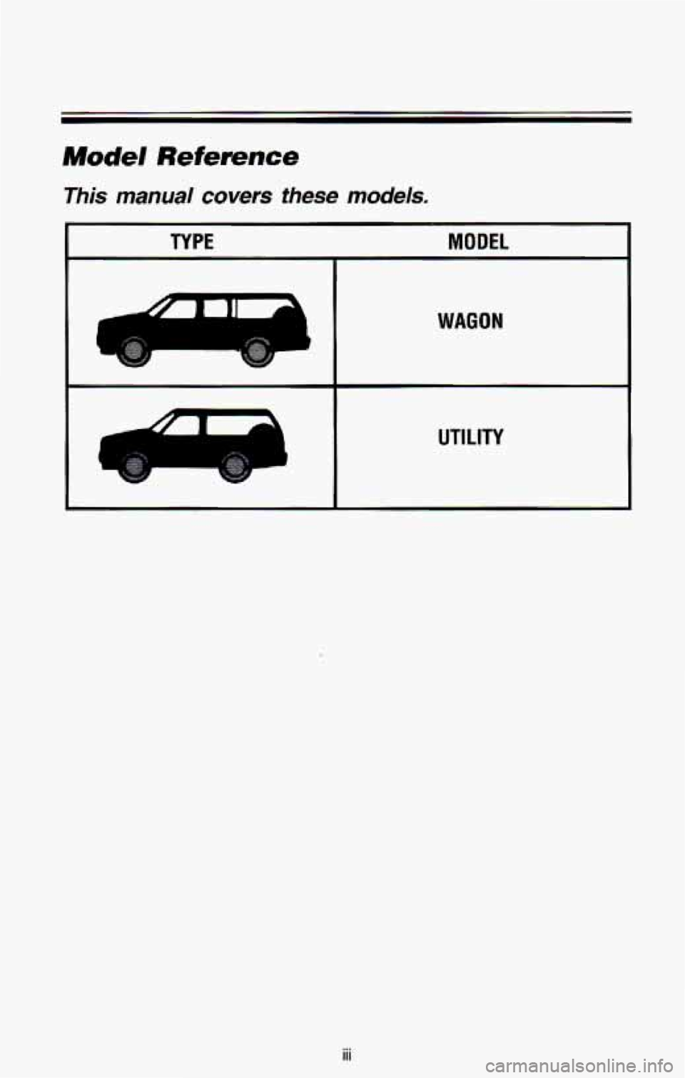 CHEVROLET BLAZER 1993 Owners Manual Mudel Reference
This manual covers these models.
TYPE MODEL
WAGON
UTILITY
iii CHEVROLET BLAZER 1993 Owners Manual Mudel Reference
This manual covers these models.
TYPE MODEL
WAGON
UTILITY
iii