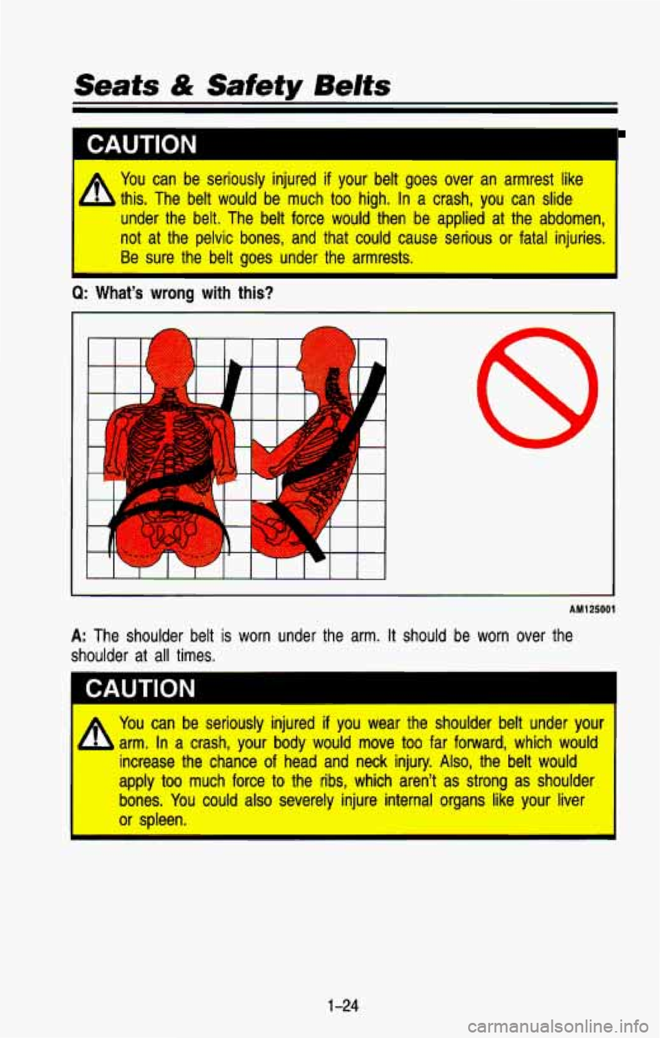 CHEVROLET BLAZER 1993 Owners Guide CAUTION
A
You can be seriously injured if your belt goes over an armrest like
this. The belt would be much
too high. In a crash, you can slide
under the belt. The belt for CHEVROLET BLAZER 1993 Owners Guide CAUTION
A
You can be seriously injured if your belt goes over an armrest like
this. The belt would be much
too high. In a crash, you can slide
under the belt. The belt for