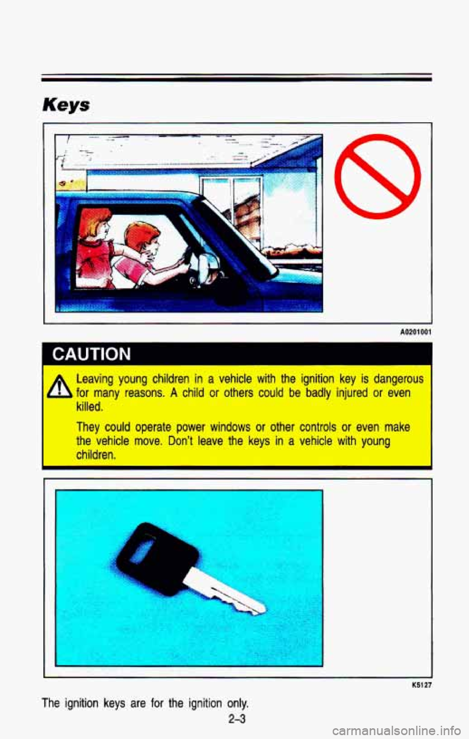 CHEVROLET BLAZER 1993 Repair Manual A0201 001
~ CAUTION
fi Leaving young children in a vehicle with the ignition key is dangerous
b for many reasons. A child or others could be badly injured or even
killed.
They c CHEVROLET BLAZER 1993 Repair Manual A0201 001
~ CAUTION
fi Leaving young children in a vehicle with the ignition key is dangerous
b for many reasons. A child or others could be badly injured or even
killed.
They c