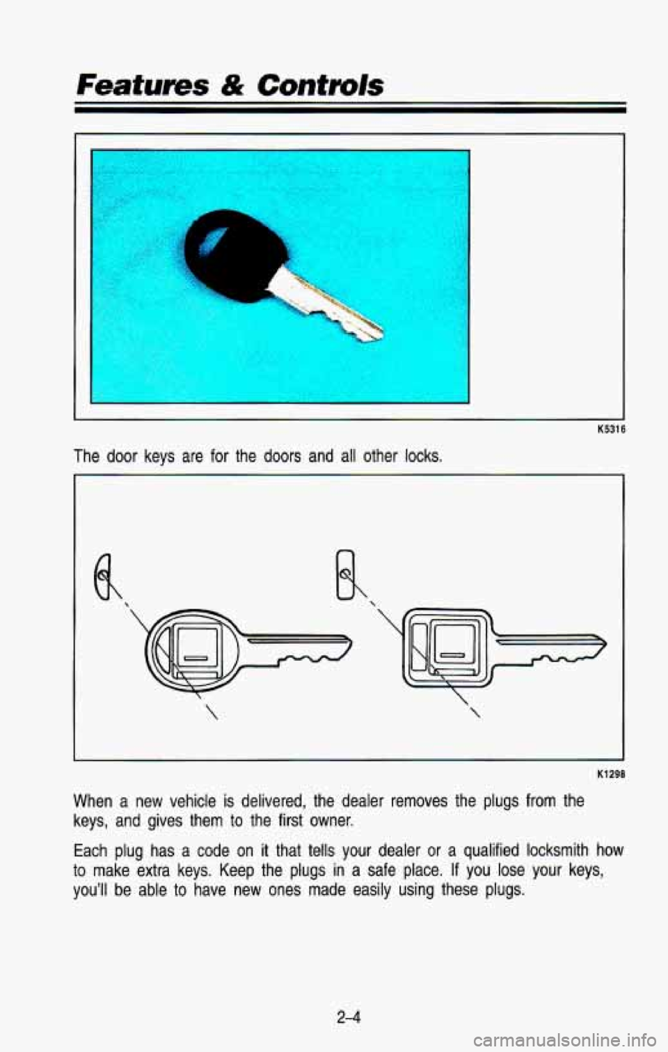 CHEVROLET BLAZER 1993 Repair Manual a
K5316
The door keys are for the doors and all other locks.
K1298
When a new vehicle is delivered, the dealer removes the plugs from the
keys, and gives them to the CHEVROLET BLAZER 1993 Repair Manual a
K5316
The door keys are for the doors and all other locks.
K1298
When a new vehicle is delivered, the dealer removes the plugs from the
keys, and gives them to the