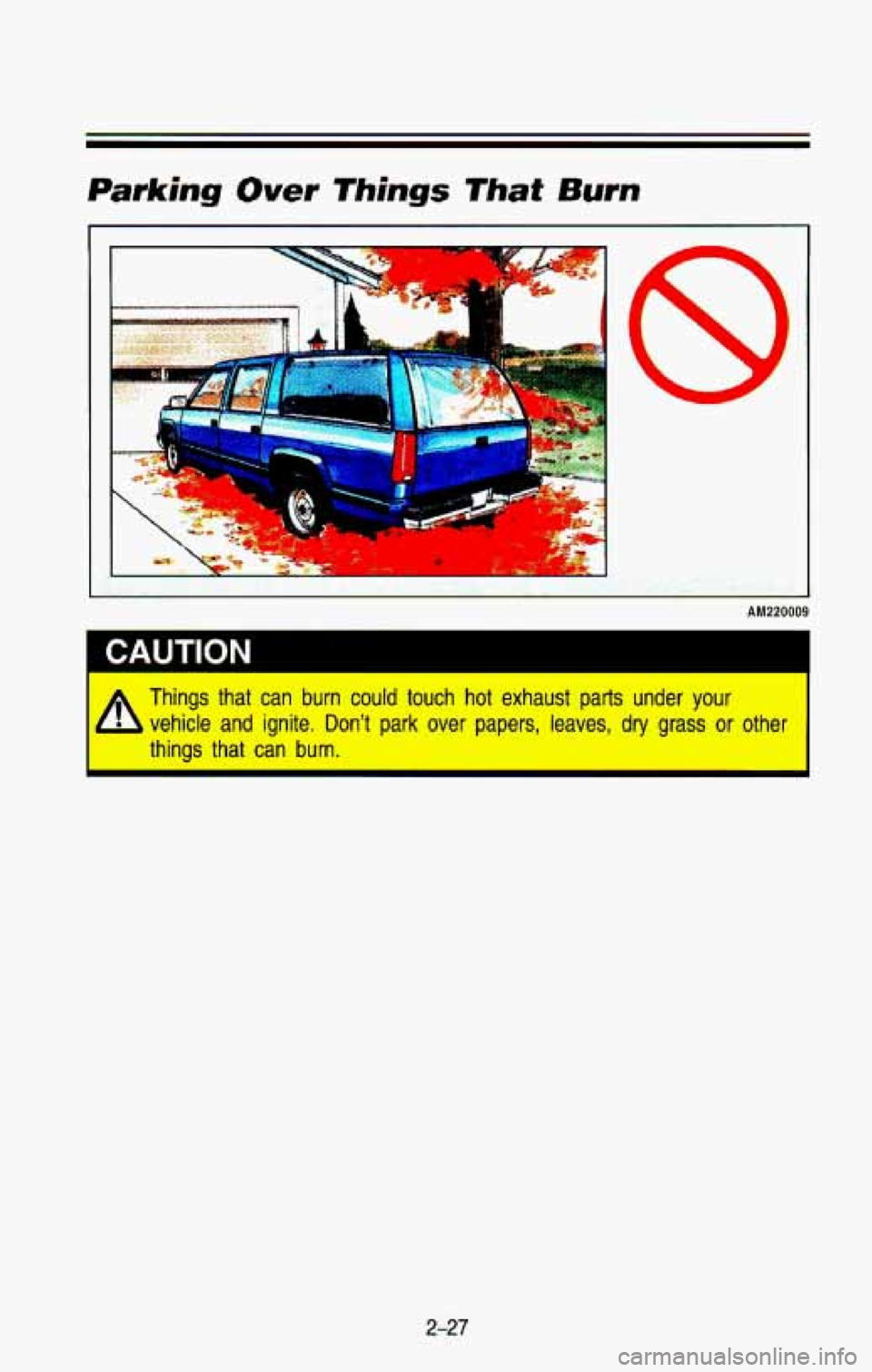 CHEVROLET BLAZER 1993 Manual Online Parking Over Things That Burn 
.. ..- L. . 8 
AM220009 
* Things  that  can  burn  could  touch  hot  exhaust  parts  under your 
4 vehicle  and  ignite.  Dont  park  over  papers,  leaves,  dry  g
