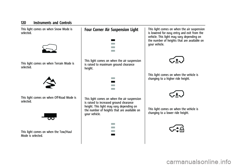 CHEVROLET SUBURBAN 2023 Owners Manual Chevrolet Tahoe/Suburban Owner Manual (GMNA-Localizing-U.S./Canada/
Mexico-16416971) - 2023 - CRC - 4/25/22
120 Instruments and Controls
This light comes on when Snow Mode is
selected.
This light come CHEVROLET SUBURBAN 2023 Owners Manual Chevrolet Tahoe/Suburban Owner Manual (GMNA-Localizing-U.S./Canada/
Mexico-16416971) - 2023 - CRC - 4/25/22
120 Instruments and Controls
This light comes on when Snow Mode is
selected.
This light come