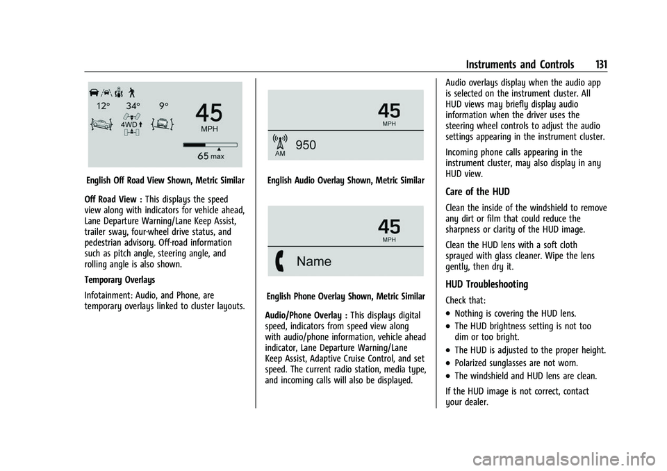 CHEVROLET SUBURBAN 2023 Owners Manual Chevrolet Tahoe/Suburban Owner Manual (GMNA-Localizing-U.S./Canada/
Mexico-16416971) - 2023 - CRC - 4/25/22
Instruments and Controls 131
English Off Road View Shown, Metric Similar
Off Road View : Thi CHEVROLET SUBURBAN 2023 Owners Manual Chevrolet Tahoe/Suburban Owner Manual (GMNA-Localizing-U.S./Canada/
Mexico-16416971) - 2023 - CRC - 4/25/22
Instruments and Controls 131
English Off Road View Shown, Metric Similar
Off Road View : Thi