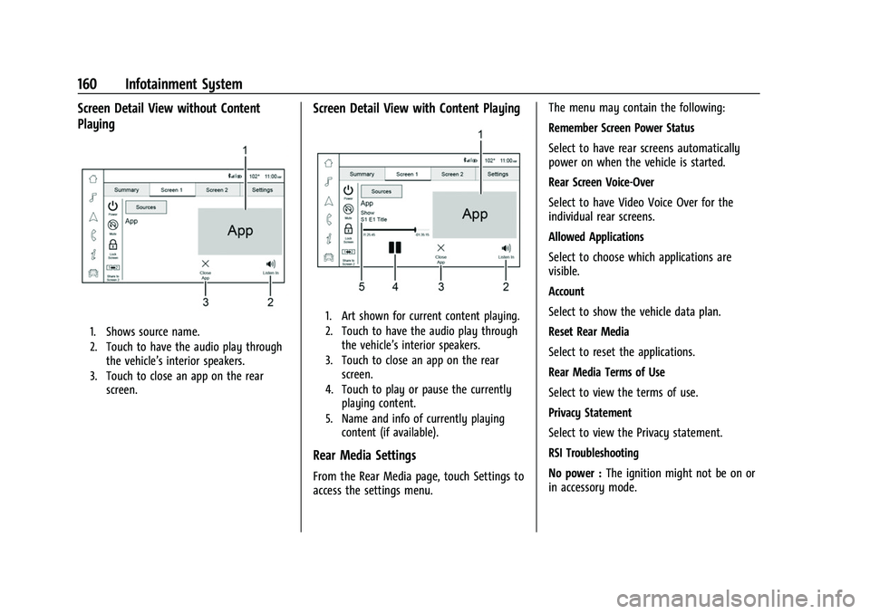 CHEVROLET SUBURBAN 2023 Owners Manual Chevrolet Tahoe/Suburban Owner Manual (GMNA-Localizing-U.S./Canada/
Mexico-16416971) - 2023 - CRC - 4/26/22
160 Infotainment System
Screen Detail View without Content
Playing
1. Shows source name.
2. CHEVROLET SUBURBAN 2023 Owners Manual Chevrolet Tahoe/Suburban Owner Manual (GMNA-Localizing-U.S./Canada/
Mexico-16416971) - 2023 - CRC - 4/26/22
160 Infotainment System
Screen Detail View without Content
Playing
1. Shows source name.
2.