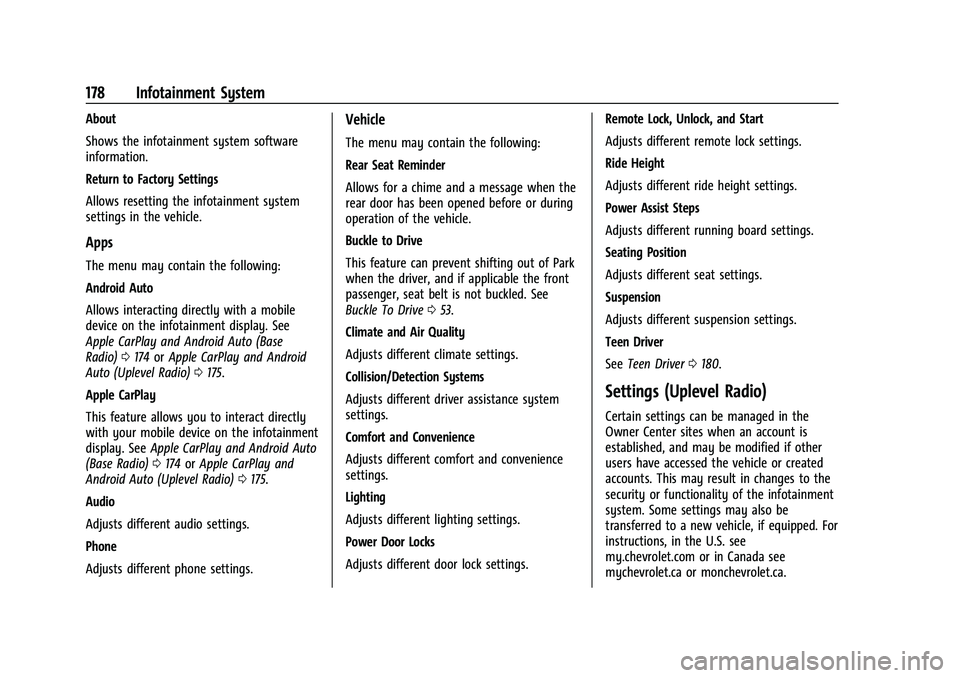 CHEVROLET SUBURBAN 2023 Owners Manual Chevrolet Tahoe/Suburban Owner Manual (GMNA-Localizing-U.S./Canada/
Mexico-16416971) - 2023 - CRC - 4/26/22
178 Infotainment System
About
Shows the infotainment system software
information.
Return to CHEVROLET SUBURBAN 2023 Owners Manual Chevrolet Tahoe/Suburban Owner Manual (GMNA-Localizing-U.S./Canada/
Mexico-16416971) - 2023 - CRC - 4/26/22
178 Infotainment System
About
Shows the infotainment system software
information.
Return to