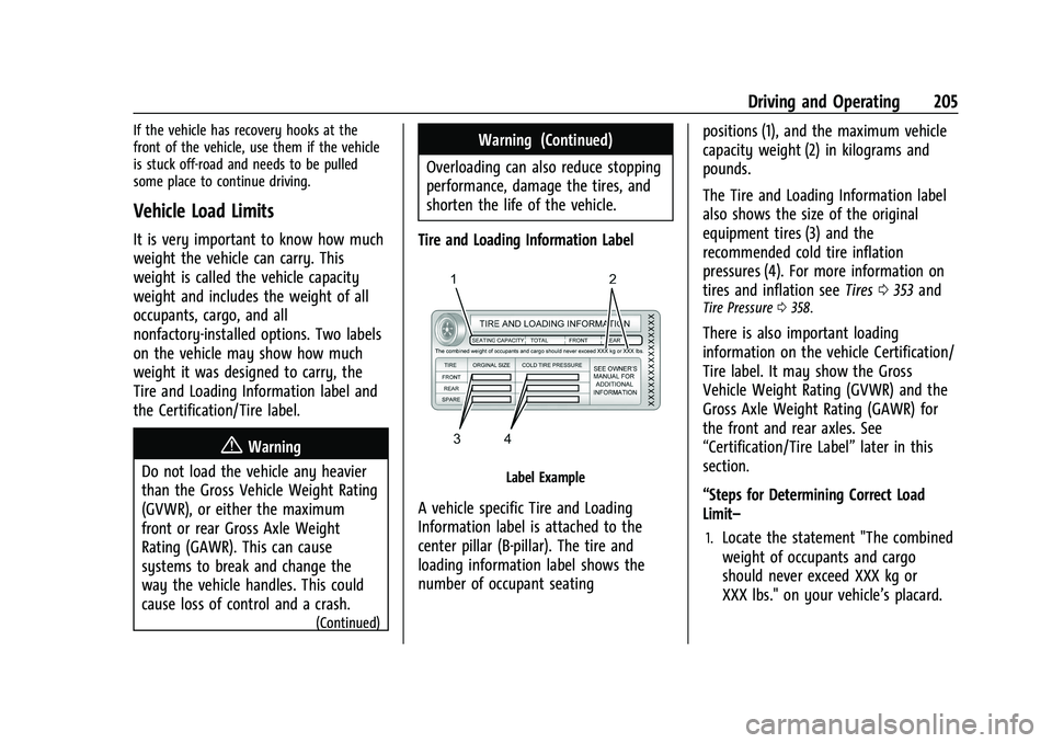 CHEVROLET SUBURBAN 2023 Owners Manual Chevrolet Tahoe/Suburban Owner Manual (GMNA-Localizing-U.S./Canada/
Mexico-16416971) - 2023 - CRC - 5/16/22
Driving and Operating 205
If the vehicle has recovery hooks at the
front of the vehicle, use CHEVROLET SUBURBAN 2023 Owners Manual Chevrolet Tahoe/Suburban Owner Manual (GMNA-Localizing-U.S./Canada/
Mexico-16416971) - 2023 - CRC - 5/16/22
Driving and Operating 205
If the vehicle has recovery hooks at the
front of the vehicle, use