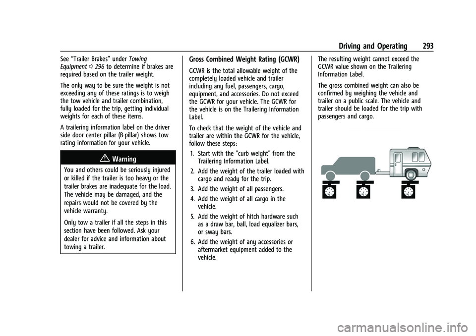 CHEVROLET SUBURBAN 2023 Owners Manual Chevrolet Tahoe/Suburban Owner Manual (GMNA-Localizing-U.S./Canada/
Mexico-16416971) - 2023 - CRC - 5/16/22
Driving and Operating 293
See“Trailer Brakes” underTowing
Equipment 0296 to determine if CHEVROLET SUBURBAN 2023 Owners Manual Chevrolet Tahoe/Suburban Owner Manual (GMNA-Localizing-U.S./Canada/
Mexico-16416971) - 2023 - CRC - 5/16/22
Driving and Operating 293
See“Trailer Brakes” underTowing
Equipment 0296 to determine if