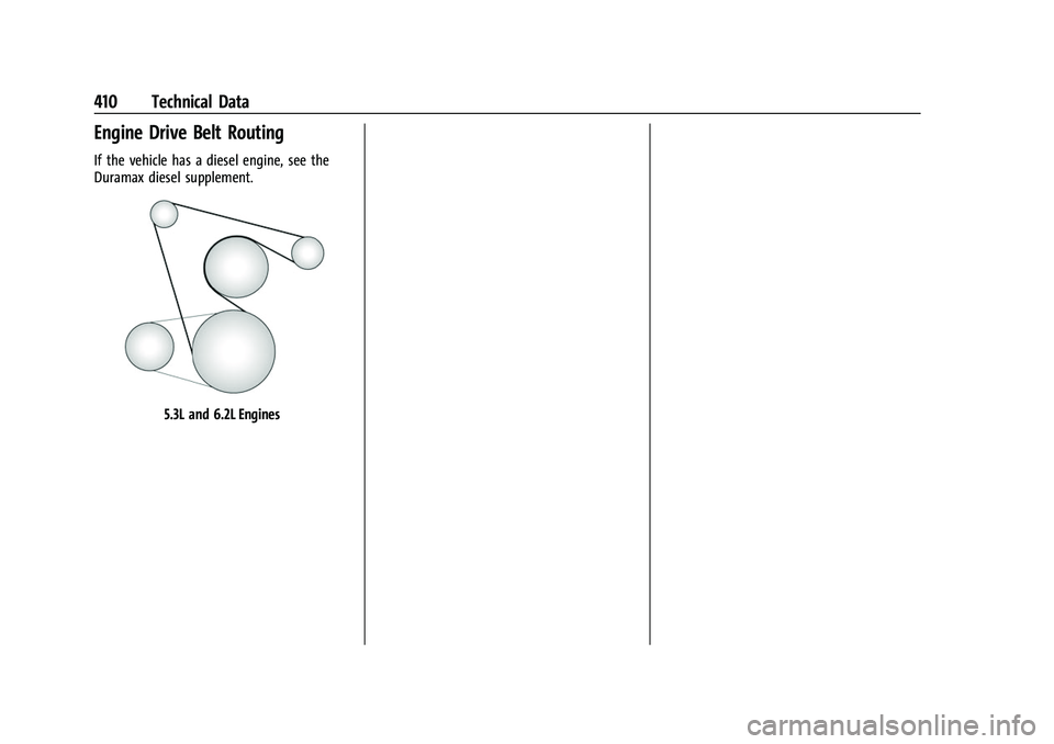 CHEVROLET SUBURBAN 2023 Owners Manual Chevrolet Tahoe/Suburban Owner Manual (GMNA-Localizing-U.S./Canada/
Mexico-16416971) - 2023 - CRC - 4/25/22
410 Technical Data
Engine Drive Belt Routing
If the vehicle has a diesel engine, see the
Dur CHEVROLET SUBURBAN 2023 Owners Manual Chevrolet Tahoe/Suburban Owner Manual (GMNA-Localizing-U.S./Canada/
Mexico-16416971) - 2023 - CRC - 4/25/22
410 Technical Data
Engine Drive Belt Routing
If the vehicle has a diesel engine, see the
Dur