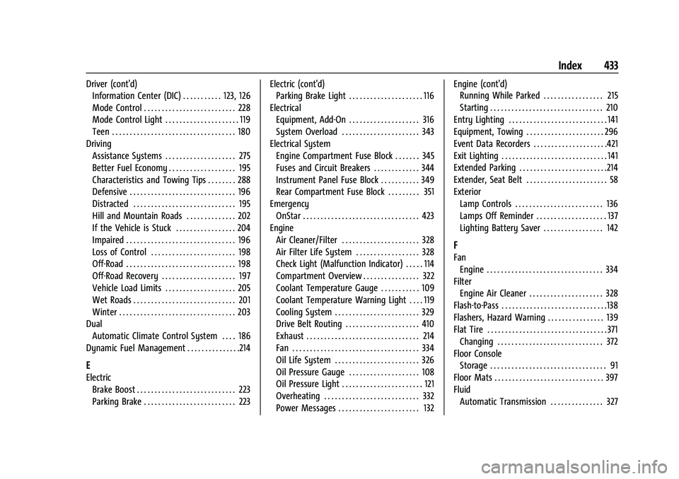 CHEVROLET SUBURBAN 2023 Owners Manual Chevrolet Tahoe/Suburban Owner Manual (GMNA-Localizing-U.S./Canada/-
Mexico-16416971) - 2023 - CRC - 4/25/22
Index 433
Driver (cont'd)Information Center (DIC) . . . . . . . . . . . 123, 126
Mode C CHEVROLET SUBURBAN 2023 Owners Manual Chevrolet Tahoe/Suburban Owner Manual (GMNA-Localizing-U.S./Canada/-
Mexico-16416971) - 2023 - CRC - 4/25/22
Index 433
Driver (cont'd)Information Center (DIC) . . . . . . . . . . . 123, 126
Mode C