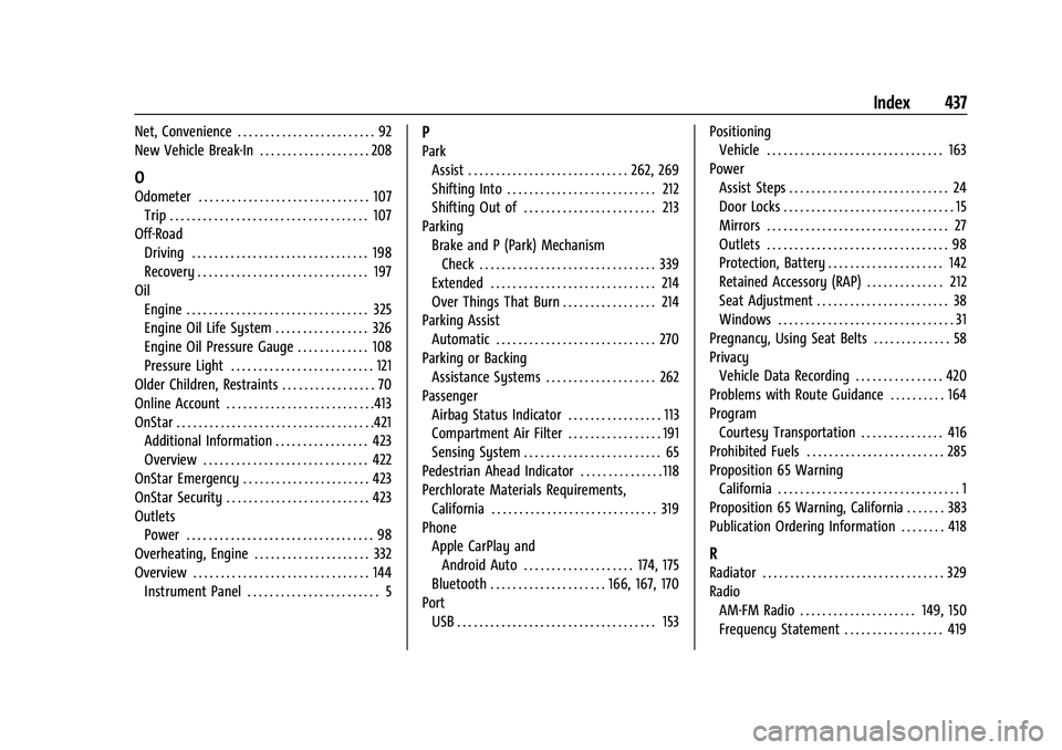 CHEVROLET SUBURBAN 2023 Owners Manual Chevrolet Tahoe/Suburban Owner Manual (GMNA-Localizing-U.S./Canada/-
Mexico-16416971) - 2023 - CRC - 4/25/22
Index 437
Net, Convenience . . . . . . . . . . . . . . . . . . . . . . . . . 92
New Vehicle CHEVROLET SUBURBAN 2023 Owners Manual Chevrolet Tahoe/Suburban Owner Manual (GMNA-Localizing-U.S./Canada/-
Mexico-16416971) - 2023 - CRC - 4/25/22
Index 437
Net, Convenience . . . . . . . . . . . . . . . . . . . . . . . . . 92
New Vehicle