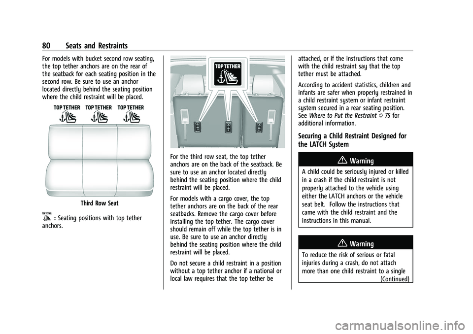 CHEVROLET SUBURBAN 2023 Manual Online Chevrolet Tahoe/Suburban Owner Manual (GMNA-Localizing-U.S./Canada/
Mexico-16416971) - 2023 - CRC - 4/25/22
80 Seats and Restraints
For models with bucket second row seating,
the top tether anchors ar CHEVROLET SUBURBAN 2023 Manual Online Chevrolet Tahoe/Suburban Owner Manual (GMNA-Localizing-U.S./Canada/
Mexico-16416971) - 2023 - CRC - 4/25/22
80 Seats and Restraints
For models with bucket second row seating,
the top tether anchors ar