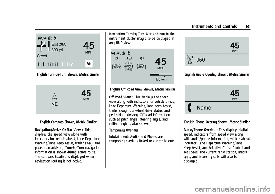 CHEVROLET SUBURBAN 2022  Owners Manual Chevrolet Tahoe/Suburban Owner Manual (GMNA-Localizing-U.S./Canada/
Mexico-15555985) - 2022 - CRC - 12/3/21
Instruments and Controls 131
English Turn-by-Turn Shown, Metric Similar
English Compass Show