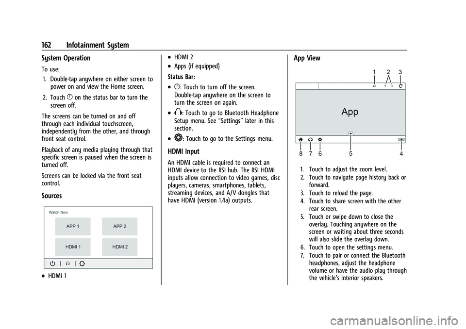 CHEVROLET SUBURBAN 2022  Owners Manual Chevrolet Tahoe/Suburban Owner Manual (GMNA-Localizing-U.S./Canada/
Mexico-15555985) - 2022 - CRC - 12/3/21
162 Infotainment System
System Operation
To use:1. Double-tap anywhere on either screen to p