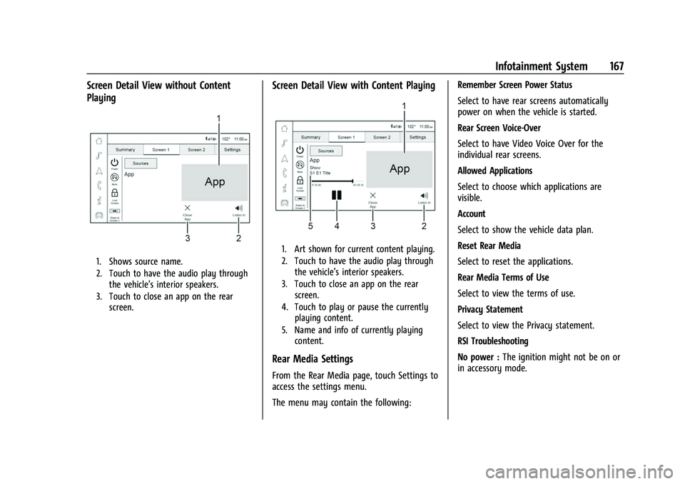 CHEVROLET SUBURBAN 2022  Owners Manual Chevrolet Tahoe/Suburban Owner Manual (GMNA-Localizing-U.S./Canada/
Mexico-15555985) - 2022 - CRC - 12/3/21
Infotainment System 167
Screen Detail View without Content
Playing
1. Shows source name.
2. 
