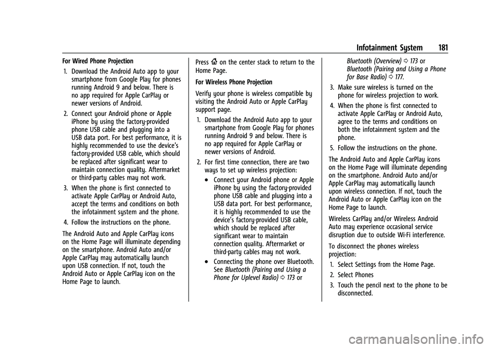 CHEVROLET SUBURBAN 2022 Owners Manual Chevrolet Tahoe/Suburban Owner Manual (GMNA-Localizing-U.S./Canada/
Mexico-15555985) - 2022 - CRC - 12/3/21
Infotainment System 181
For Wired Phone Projection1. Download the Android Auto app to your s CHEVROLET SUBURBAN 2022 Owners Manual Chevrolet Tahoe/Suburban Owner Manual (GMNA-Localizing-U.S./Canada/
Mexico-15555985) - 2022 - CRC - 12/3/21
Infotainment System 181
For Wired Phone Projection1. Download the Android Auto app to your s