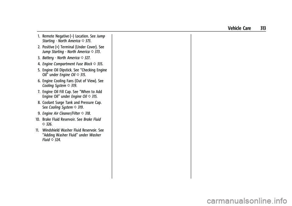 CHEVROLET SUBURBAN 2022  Owners Manual Chevrolet Tahoe/Suburban Owner Manual (GMNA-Localizing-U.S./Canada/
Mexico-15555985) - 2022 - CRC - 12/3/21
Vehicle Care 313
1. Remote Negative (–) Location. SeeJump
Starting - North America 0373.
2