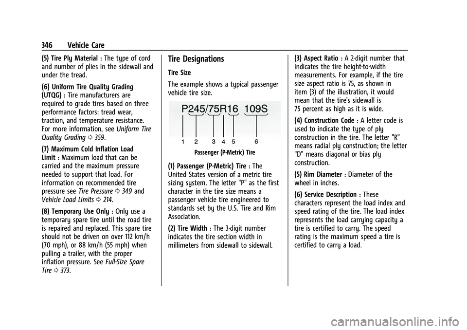 CHEVROLET SUBURBAN 2022 Owners Manual Chevrolet Tahoe/Suburban Owner Manual (GMNA-Localizing-U.S./Canada/
Mexico-15555985) - 2022 - CRC - 12/3/21
346 Vehicle Care
(5) Tire Ply Material:The type of cord
and number of plies in the sidewall CHEVROLET SUBURBAN 2022 Owners Manual Chevrolet Tahoe/Suburban Owner Manual (GMNA-Localizing-U.S./Canada/
Mexico-15555985) - 2022 - CRC - 12/3/21
346 Vehicle Care
(5) Tire Ply Material:The type of cord
and number of plies in the sidewall