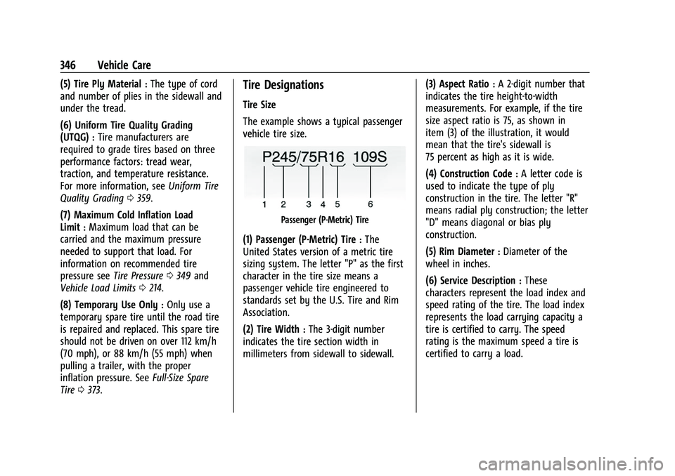 CHEVROLET SUBURBAN 2022  Owners Manual Chevrolet Tahoe/Suburban Owner Manual (GMNA-Localizing-U.S./Canada/
Mexico-15555985) - 2022 - CRC - 12/3/21
346 Vehicle Care
(5) Tire Ply Material:The type of cord
and number of plies in the sidewall 