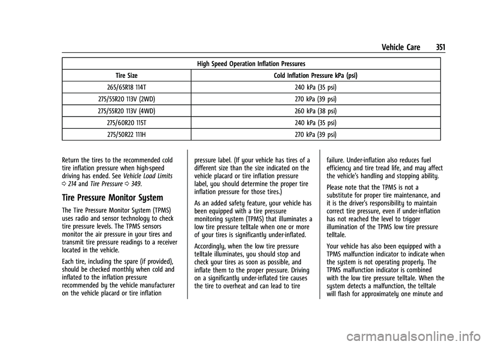 CHEVROLET SUBURBAN 2022 Owners Guide Chevrolet Tahoe/Suburban Owner Manual (GMNA-Localizing-U.S./Canada/
Mexico-15555985) - 2022 - CRC - 12/3/21
Vehicle Care 351
High Speed Operation Inflation Pressures
Tire Size Cold Inflation Pressure CHEVROLET SUBURBAN 2022 Owners Guide Chevrolet Tahoe/Suburban Owner Manual (GMNA-Localizing-U.S./Canada/
Mexico-15555985) - 2022 - CRC - 12/3/21
Vehicle Care 351
High Speed Operation Inflation Pressures
Tire Size Cold Inflation Pressure