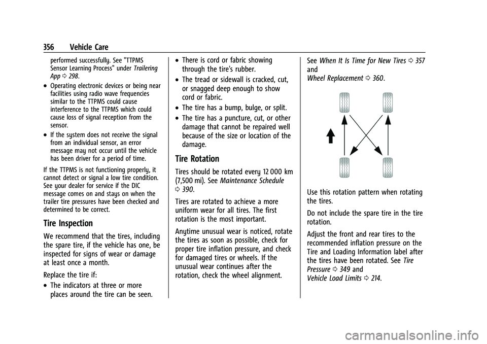 CHEVROLET SUBURBAN 2022 Owners Guide Chevrolet Tahoe/Suburban Owner Manual (GMNA-Localizing-U.S./Canada/
Mexico-15555985) - 2022 - CRC - 12/3/21
356 Vehicle Care
performed successfully. See "TTPMS
Sensor Learning Process" underTr CHEVROLET SUBURBAN 2022 Owners Guide Chevrolet Tahoe/Suburban Owner Manual (GMNA-Localizing-U.S./Canada/
Mexico-15555985) - 2022 - CRC - 12/3/21
356 Vehicle Care
performed successfully. See "TTPMS
Sensor Learning Process" underTr